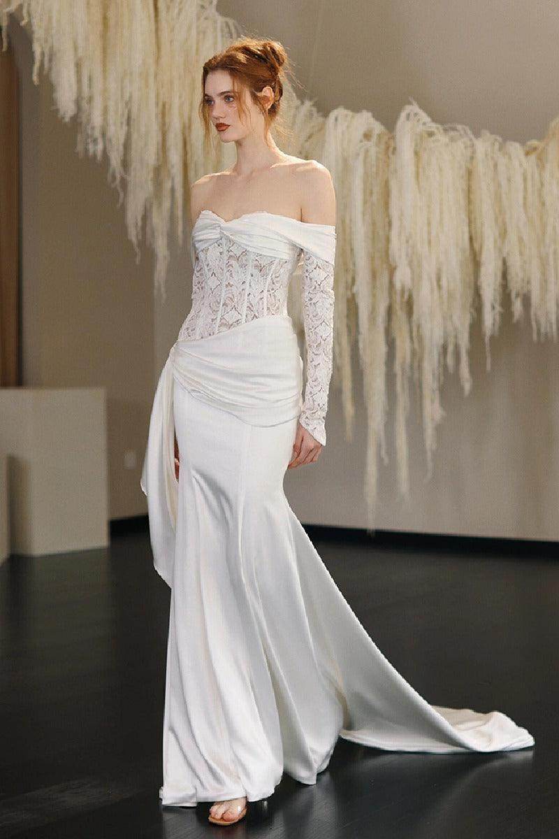 Sheath-Column Court Train Lace Satin Wedding Dress 818657898360 - COCOMELODY